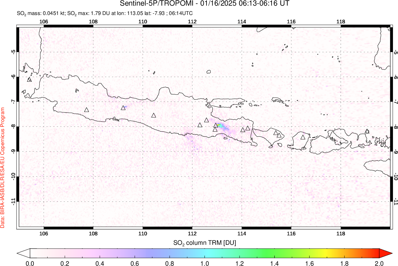 A sulfur dioxide image over Java, Indonesia on Jan 16, 2025.