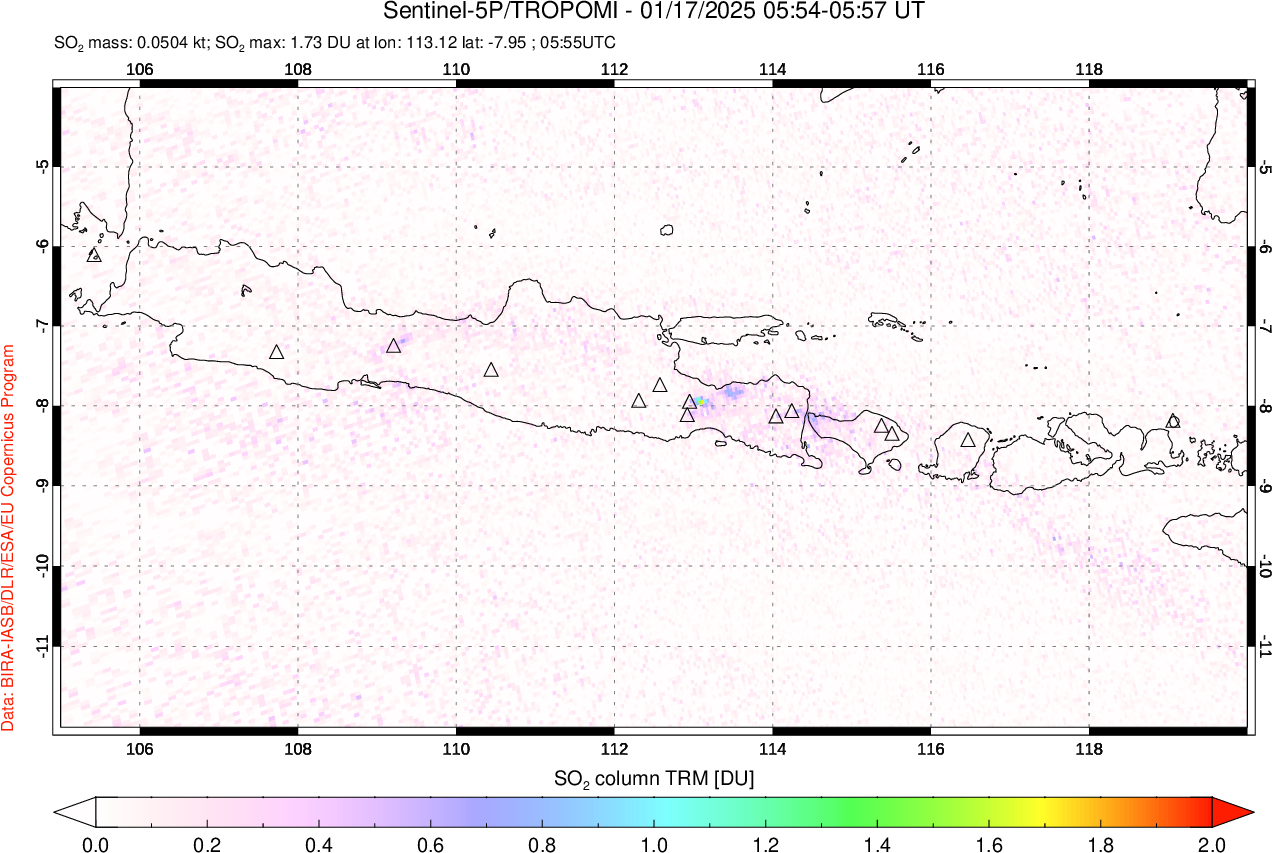 A sulfur dioxide image over Java, Indonesia on Jan 17, 2025.