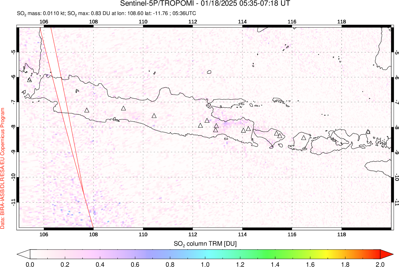 A sulfur dioxide image over Java, Indonesia on Jan 18, 2025.