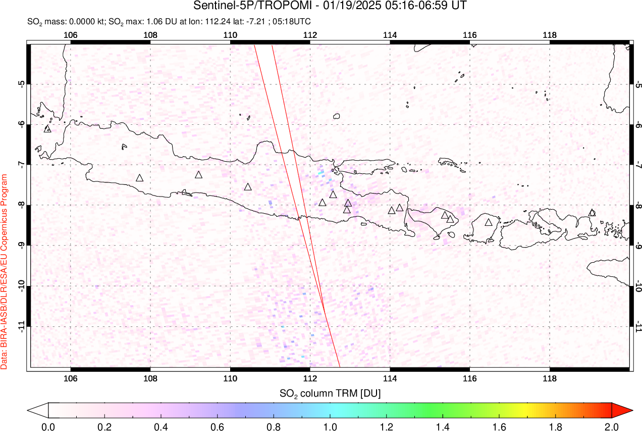 A sulfur dioxide image over Java, Indonesia on Jan 19, 2025.