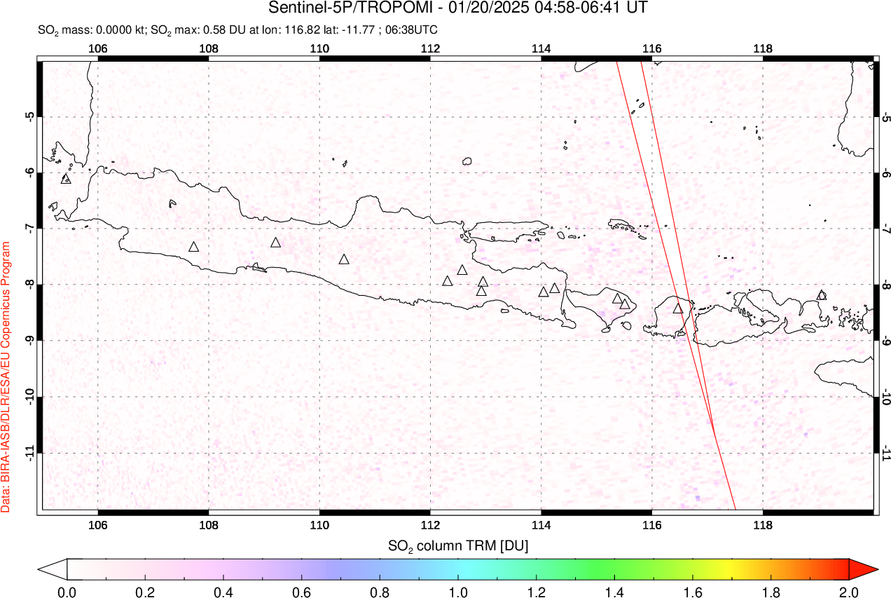 A sulfur dioxide image over Java, Indonesia on Jan 20, 2025.