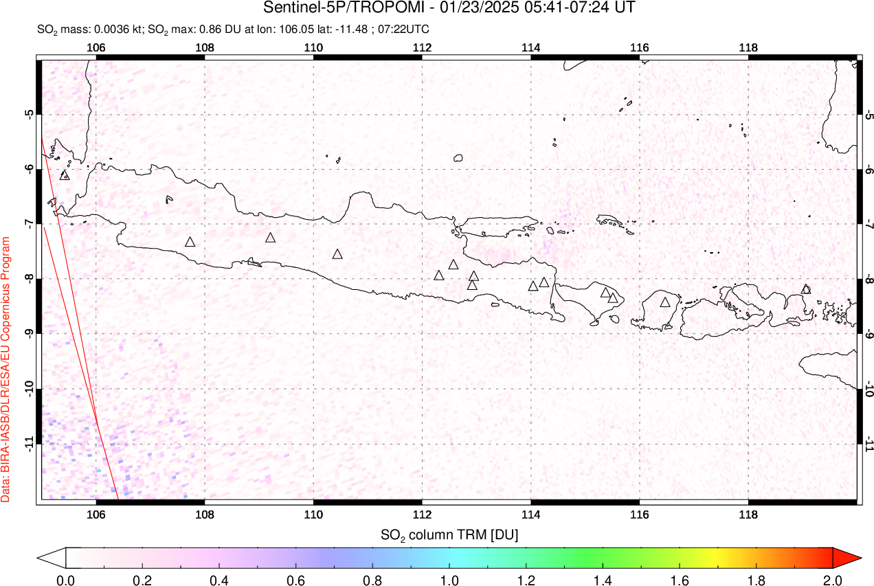 A sulfur dioxide image over Java, Indonesia on Jan 23, 2025.