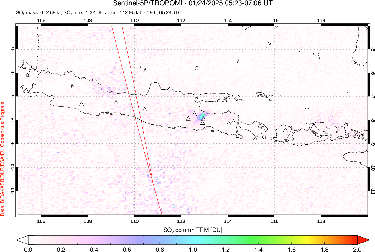 A sulfur dioxide image over Java, Indonesia on Jan 24, 2025.