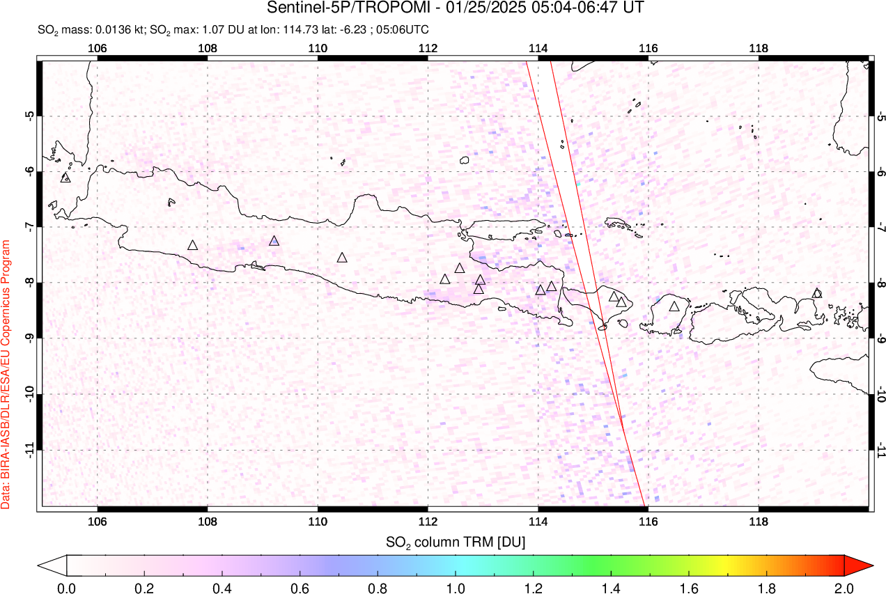 A sulfur dioxide image over Java, Indonesia on Jan 25, 2025.