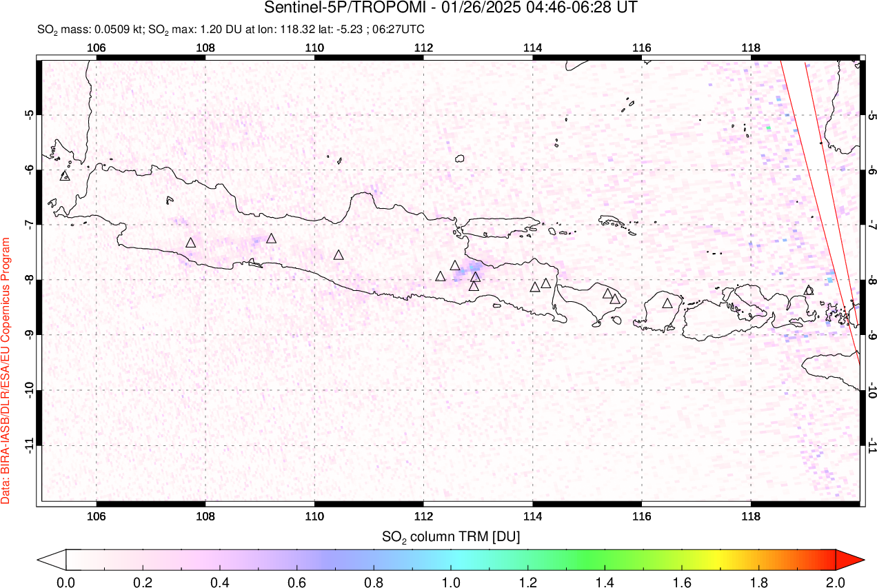 A sulfur dioxide image over Java, Indonesia on Jan 26, 2025.