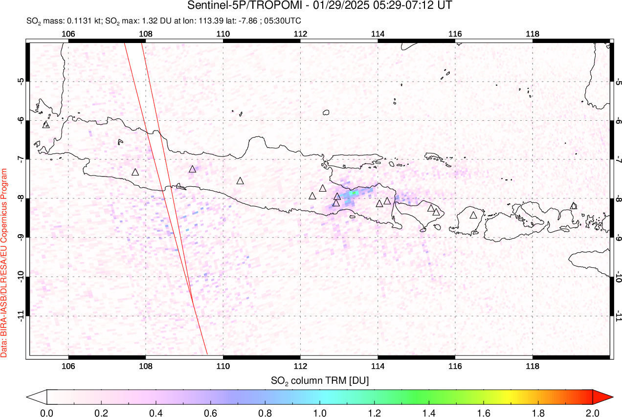 A sulfur dioxide image over Java, Indonesia on Jan 29, 2025.