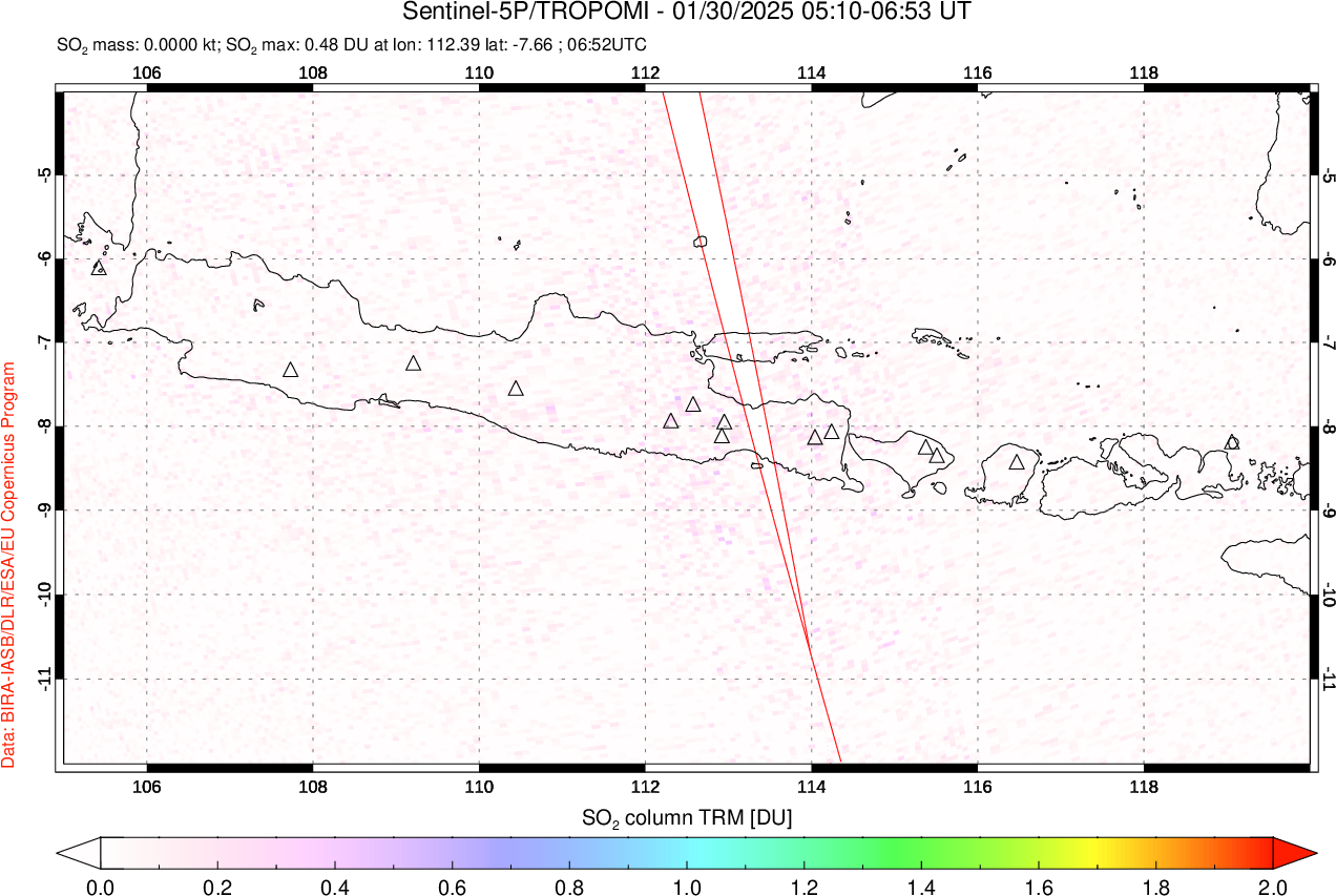 A sulfur dioxide image over Java, Indonesia on Jan 30, 2025.