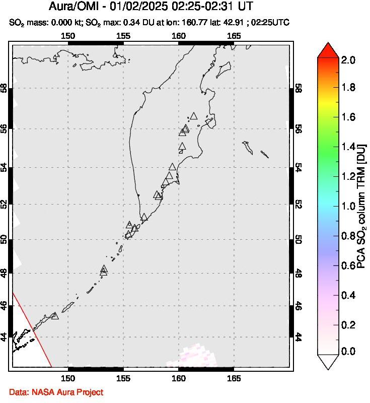 A sulfur dioxide image over Kamchatka, Russian Federation on Jan 02, 2025.