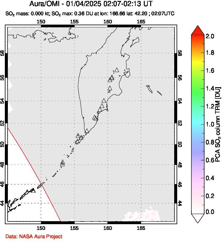 A sulfur dioxide image over Kamchatka, Russian Federation on Jan 04, 2025.