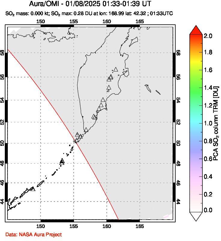 A sulfur dioxide image over Kamchatka, Russian Federation on Jan 08, 2025.