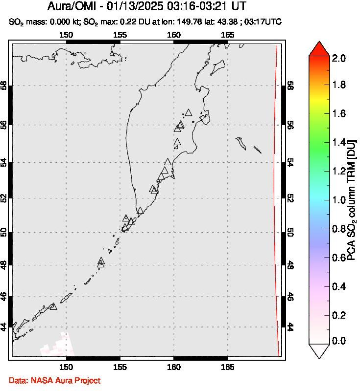 A sulfur dioxide image over Kamchatka, Russian Federation on Jan 13, 2025.