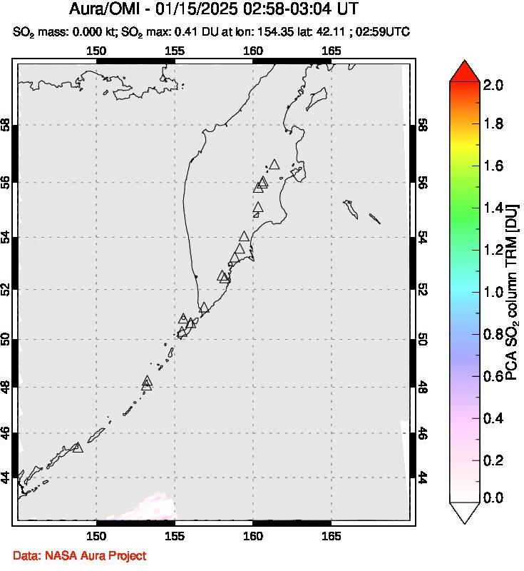 A sulfur dioxide image over Kamchatka, Russian Federation on Jan 15, 2025.