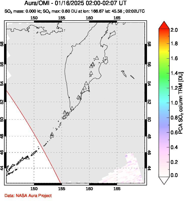 A sulfur dioxide image over Kamchatka, Russian Federation on Jan 16, 2025.