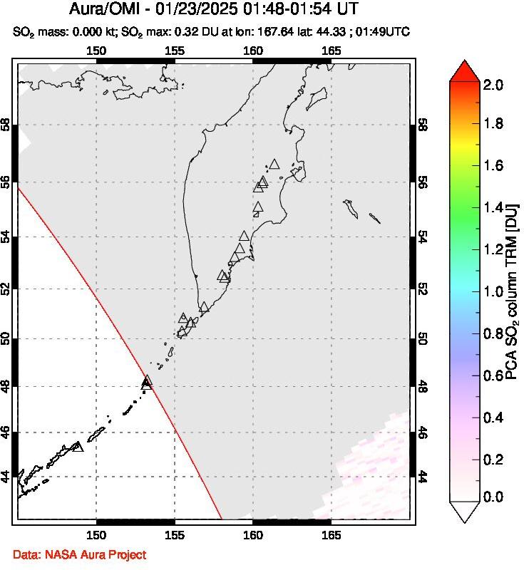 A sulfur dioxide image over Kamchatka, Russian Federation on Jan 23, 2025.