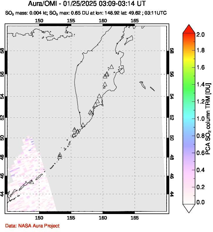 A sulfur dioxide image over Kamchatka, Russian Federation on Jan 25, 2025.