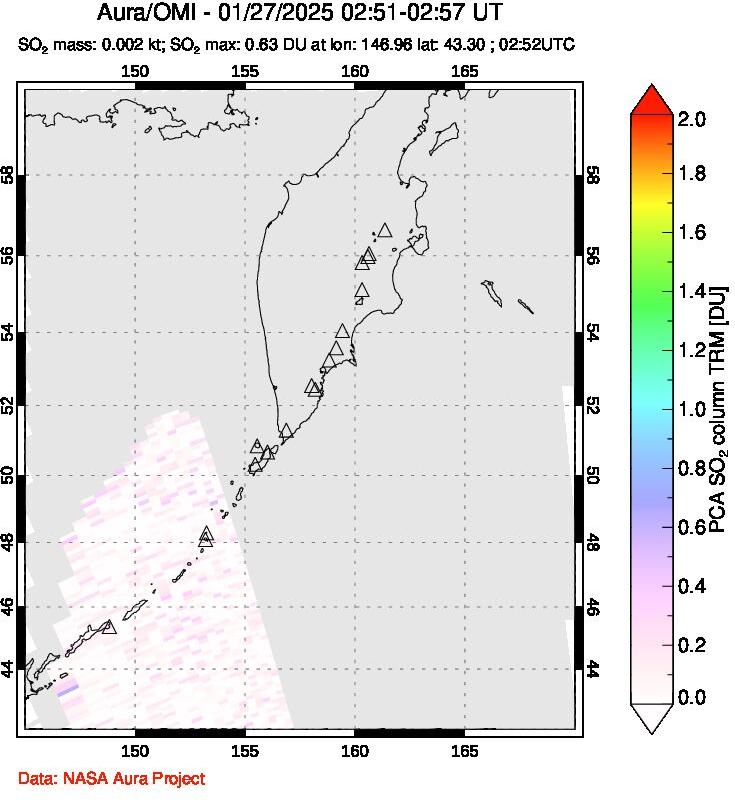 A sulfur dioxide image over Kamchatka, Russian Federation on Jan 27, 2025.