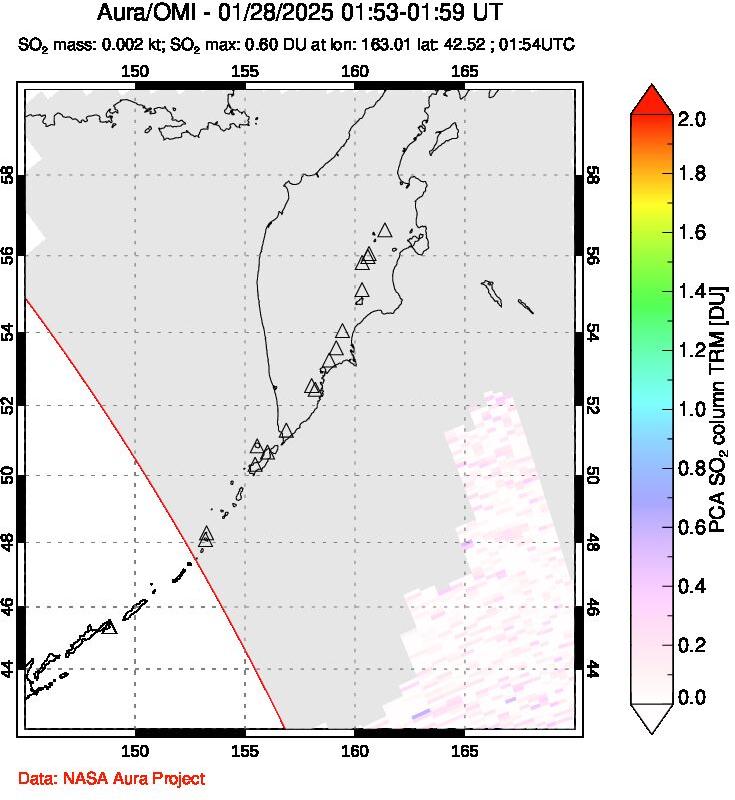 A sulfur dioxide image over Kamchatka, Russian Federation on Jan 28, 2025.