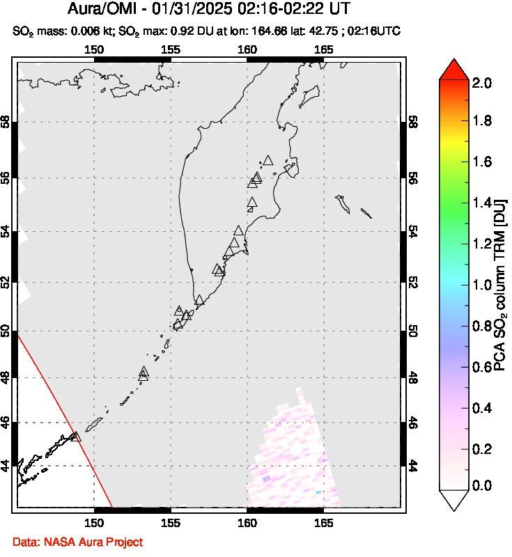 A sulfur dioxide image over Kamchatka, Russian Federation on Jan 31, 2025.