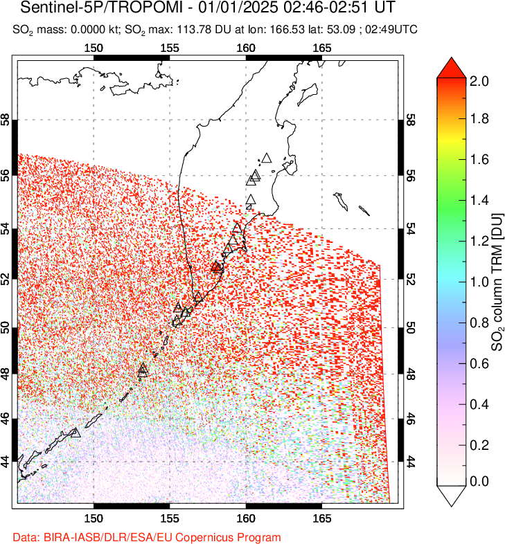 A sulfur dioxide image over Kamchatka, Russian Federation on Jan 01, 2025.