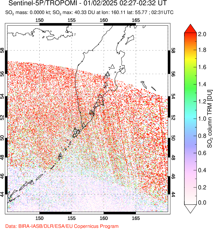 A sulfur dioxide image over Kamchatka, Russian Federation on Jan 02, 2025.