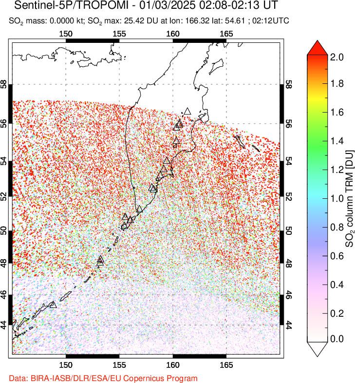 A sulfur dioxide image over Kamchatka, Russian Federation on Jan 03, 2025.