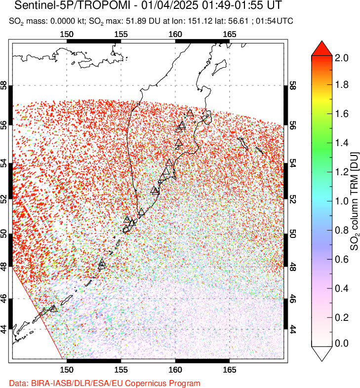 A sulfur dioxide image over Kamchatka, Russian Federation on Jan 04, 2025.