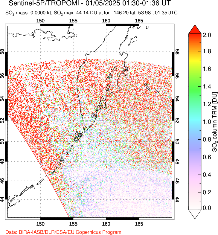 A sulfur dioxide image over Kamchatka, Russian Federation on Jan 05, 2025.