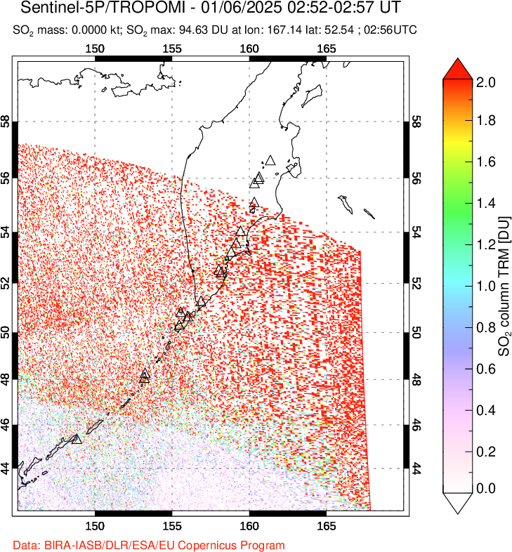 A sulfur dioxide image over Kamchatka, Russian Federation on Jan 06, 2025.