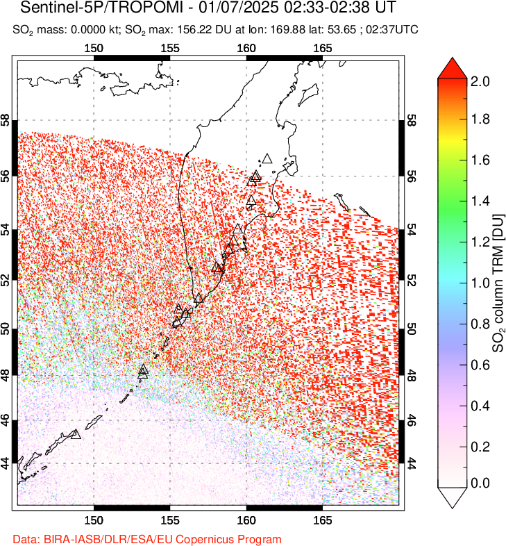 A sulfur dioxide image over Kamchatka, Russian Federation on Jan 07, 2025.