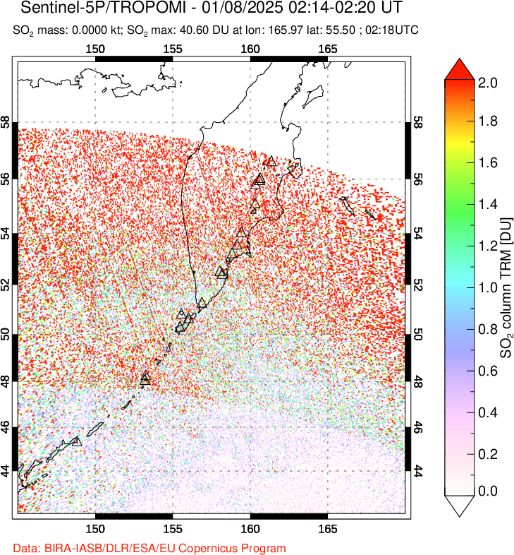 A sulfur dioxide image over Kamchatka, Russian Federation on Jan 08, 2025.