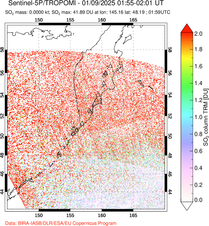 A sulfur dioxide image over Kamchatka, Russian Federation on Jan 09, 2025.