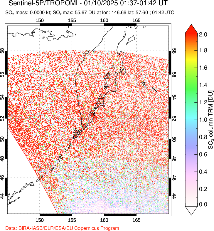 A sulfur dioxide image over Kamchatka, Russian Federation on Jan 10, 2025.