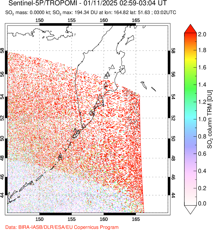 A sulfur dioxide image over Kamchatka, Russian Federation on Jan 11, 2025.