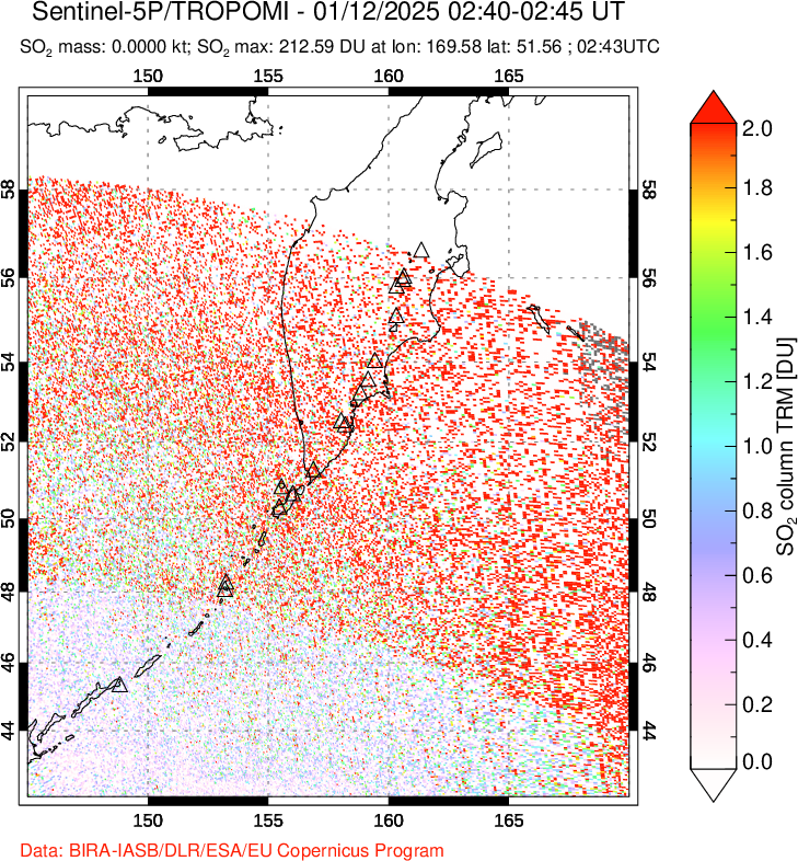 A sulfur dioxide image over Kamchatka, Russian Federation on Jan 12, 2025.