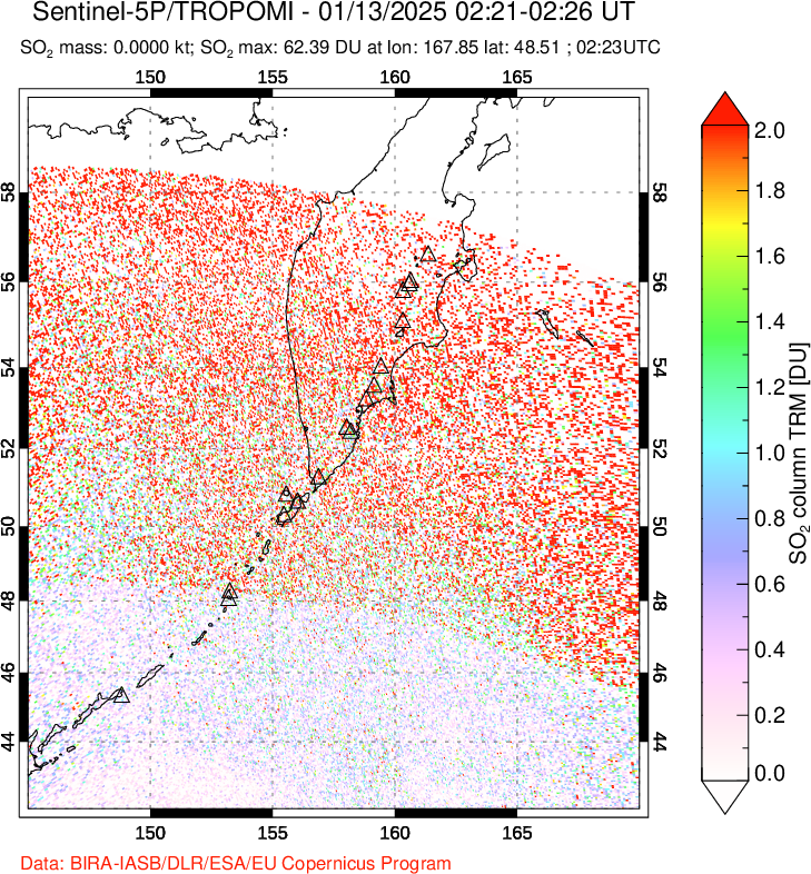 A sulfur dioxide image over Kamchatka, Russian Federation on Jan 13, 2025.