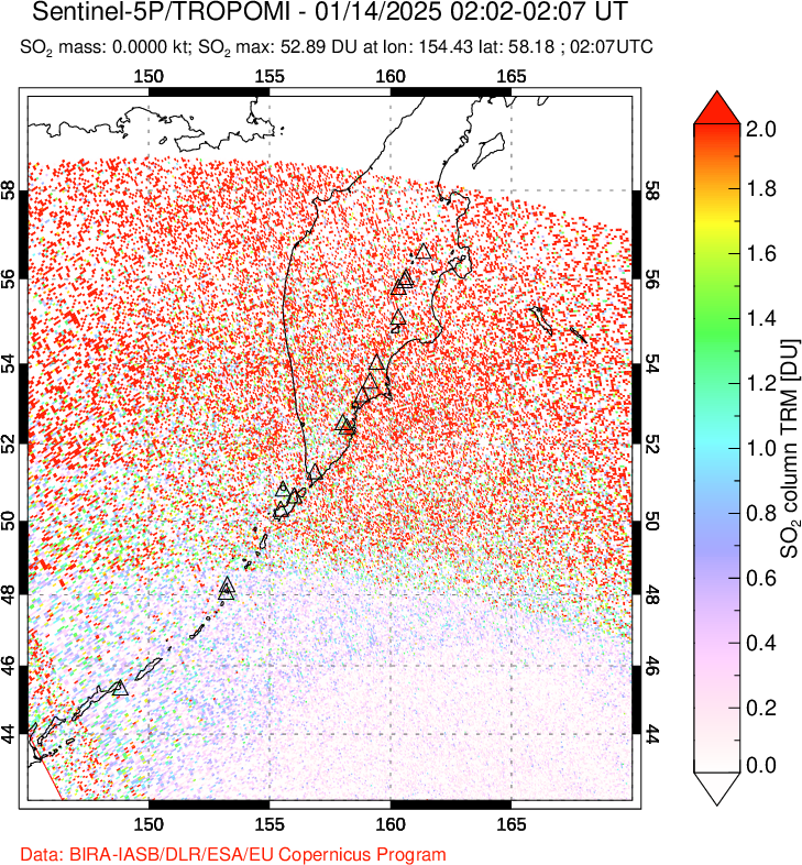 A sulfur dioxide image over Kamchatka, Russian Federation on Jan 14, 2025.