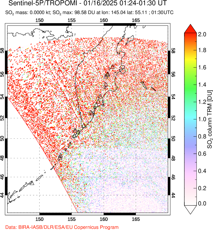 A sulfur dioxide image over Kamchatka, Russian Federation on Jan 16, 2025.