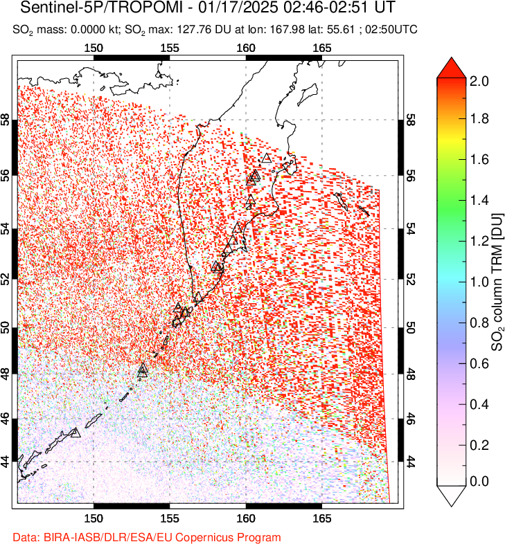 A sulfur dioxide image over Kamchatka, Russian Federation on Jan 17, 2025.