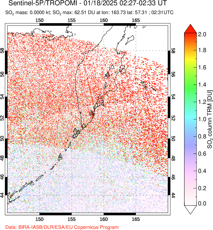 A sulfur dioxide image over Kamchatka, Russian Federation on Jan 18, 2025.