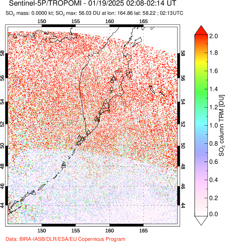 A sulfur dioxide image over Kamchatka, Russian Federation on Jan 19, 2025.