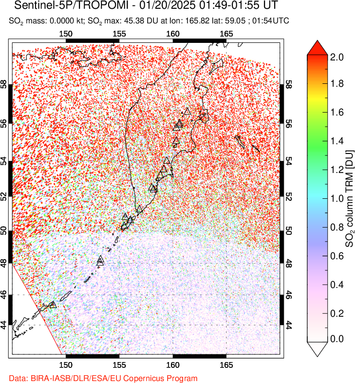 A sulfur dioxide image over Kamchatka, Russian Federation on Jan 20, 2025.