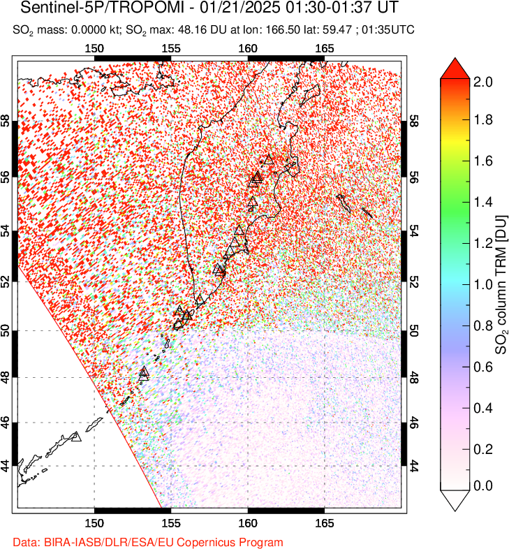 A sulfur dioxide image over Kamchatka, Russian Federation on Jan 21, 2025.