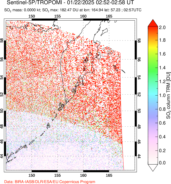 A sulfur dioxide image over Kamchatka, Russian Federation on Jan 22, 2025.