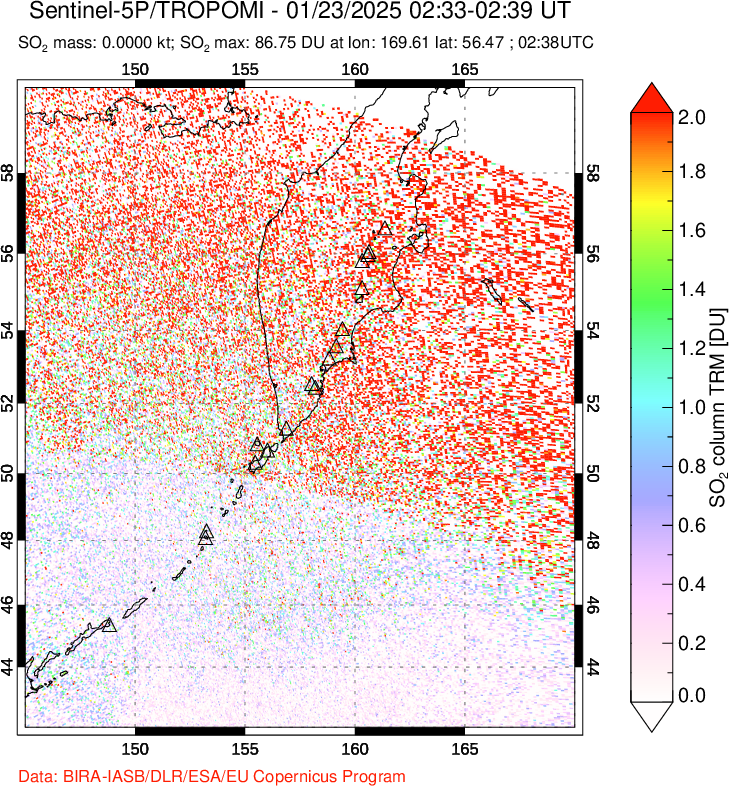 A sulfur dioxide image over Kamchatka, Russian Federation on Jan 23, 2025.