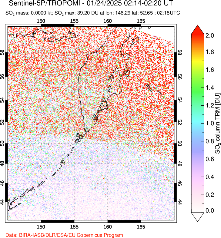 A sulfur dioxide image over Kamchatka, Russian Federation on Jan 24, 2025.