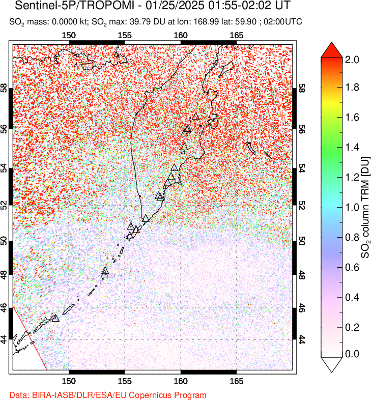 A sulfur dioxide image over Kamchatka, Russian Federation on Jan 25, 2025.