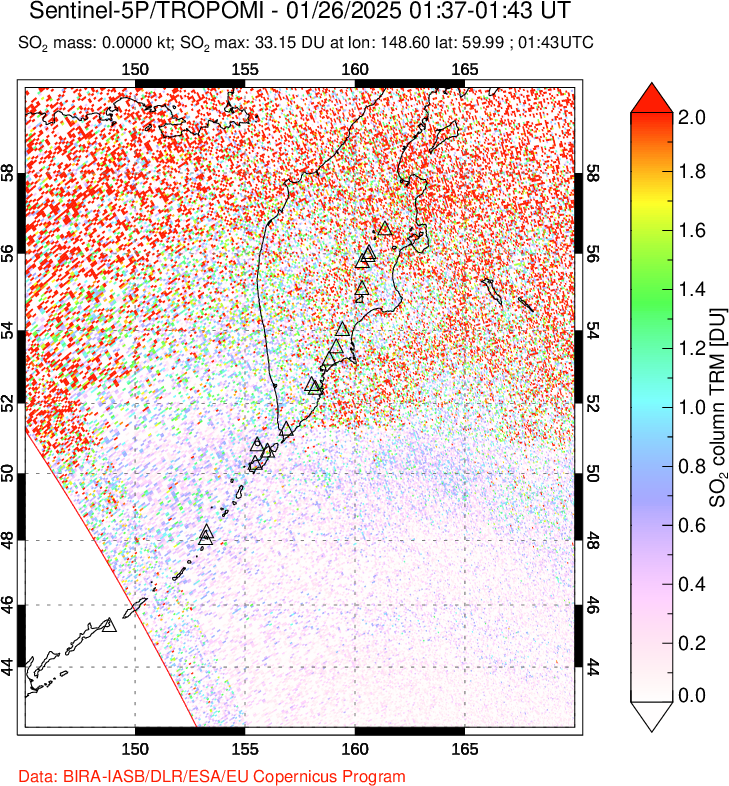 A sulfur dioxide image over Kamchatka, Russian Federation on Jan 26, 2025.