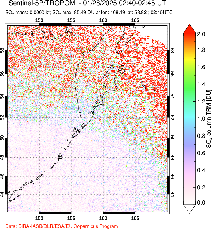 A sulfur dioxide image over Kamchatka, Russian Federation on Jan 28, 2025.