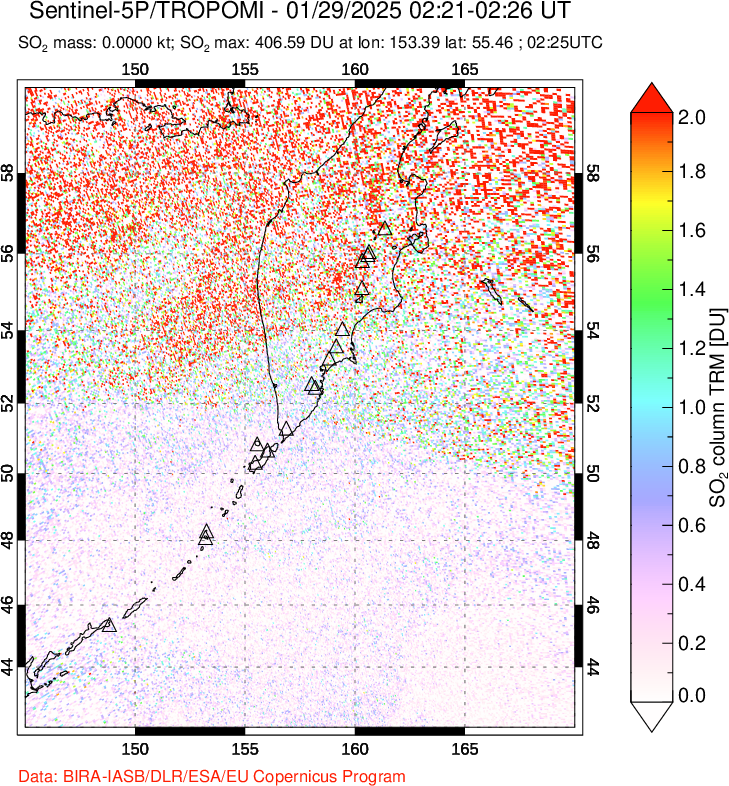 A sulfur dioxide image over Kamchatka, Russian Federation on Jan 29, 2025.