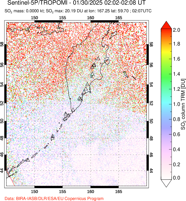 A sulfur dioxide image over Kamchatka, Russian Federation on Jan 30, 2025.